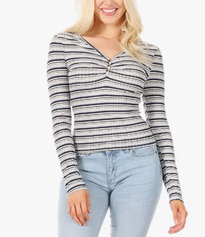 BLUE STRIPED LONG SLEEVED HENLEY STYLE TOP